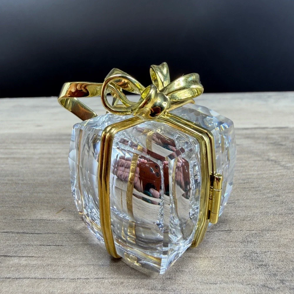 Swarovski Crystal‎ Secrets Gift Box Travel Clock Metal Gold Tone Bow AS IS